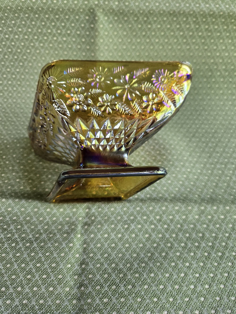 Indian Glass Iridescent Carnival Glass Pedestal Dish